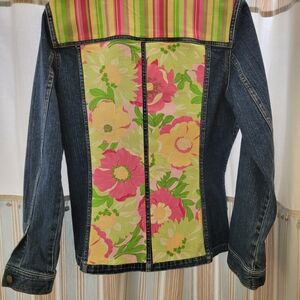 Upcycled Vintage Denim Jacket With Stripes and Flowers